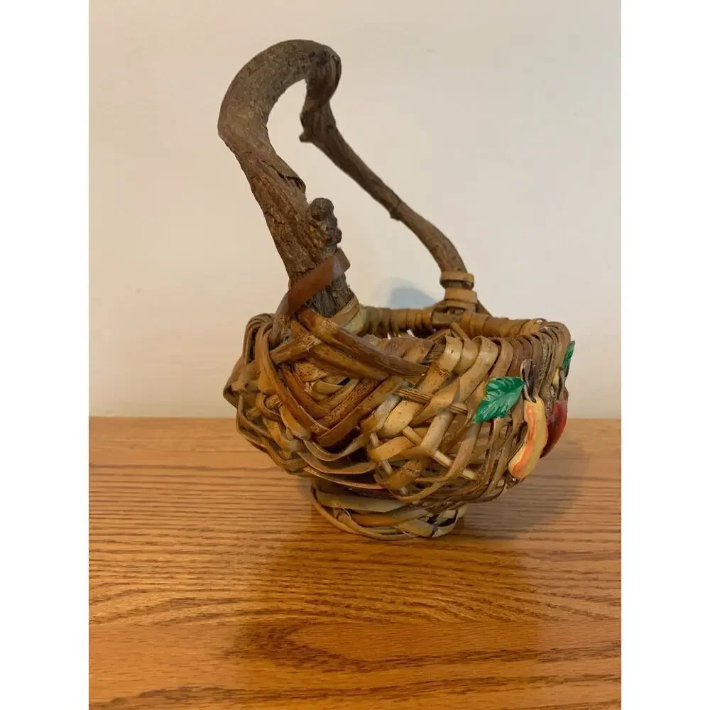 VTG Fruit Wicker Gathering Basket God's Eye Branch Handle Woven Hand Painted